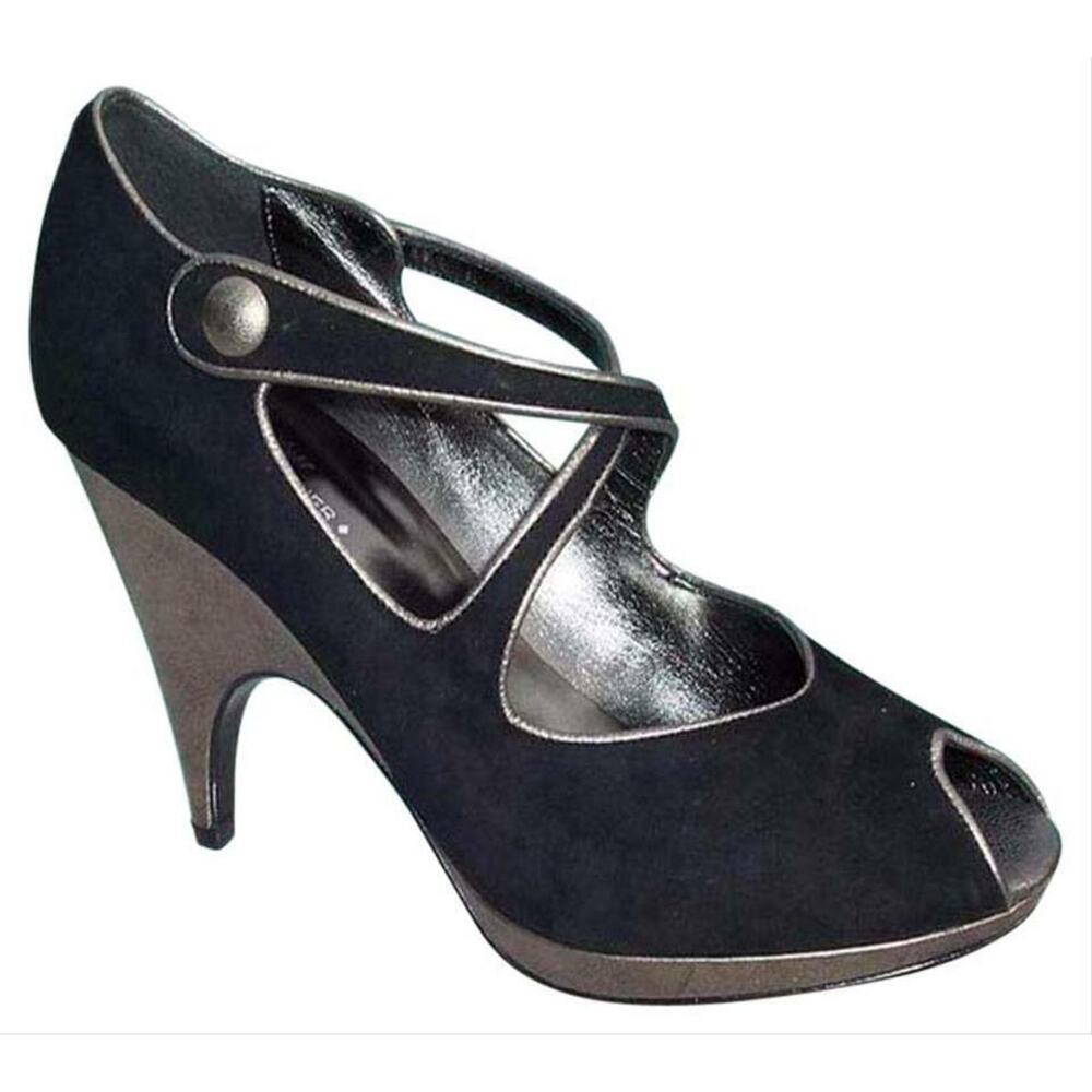 Donald Pliner Black Suede Pewter Metallic Platform Shoe New Peep-Toe NIB $295